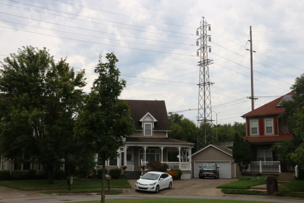 A neighborhood in West Louisville, power lines hanging overhead.